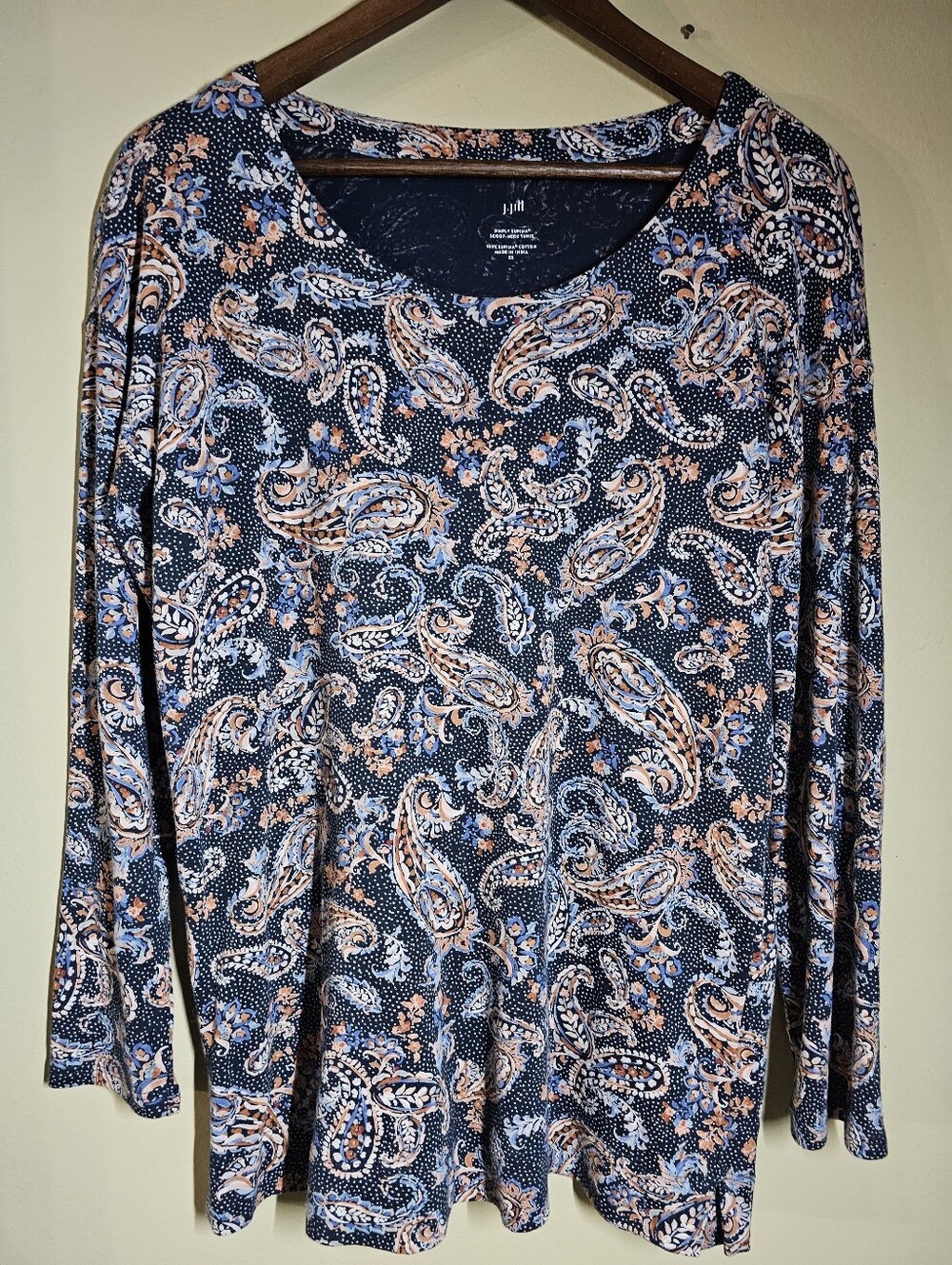 J. Jill Simply Supima Cotton Paisley Scoop Neck Tunic Top XS Blue Floral